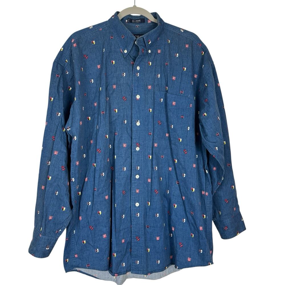 Vintage Chaps Ralph Lauren Shirt Mens Large Blue Cotton Nautical Flags Preppy